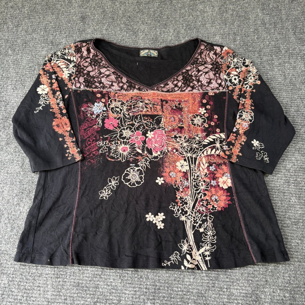 Vanilla Sugar Womens 1X Black Floral Lace Y2K Graphic 3/4 Sleeve V-Neck Top 4099